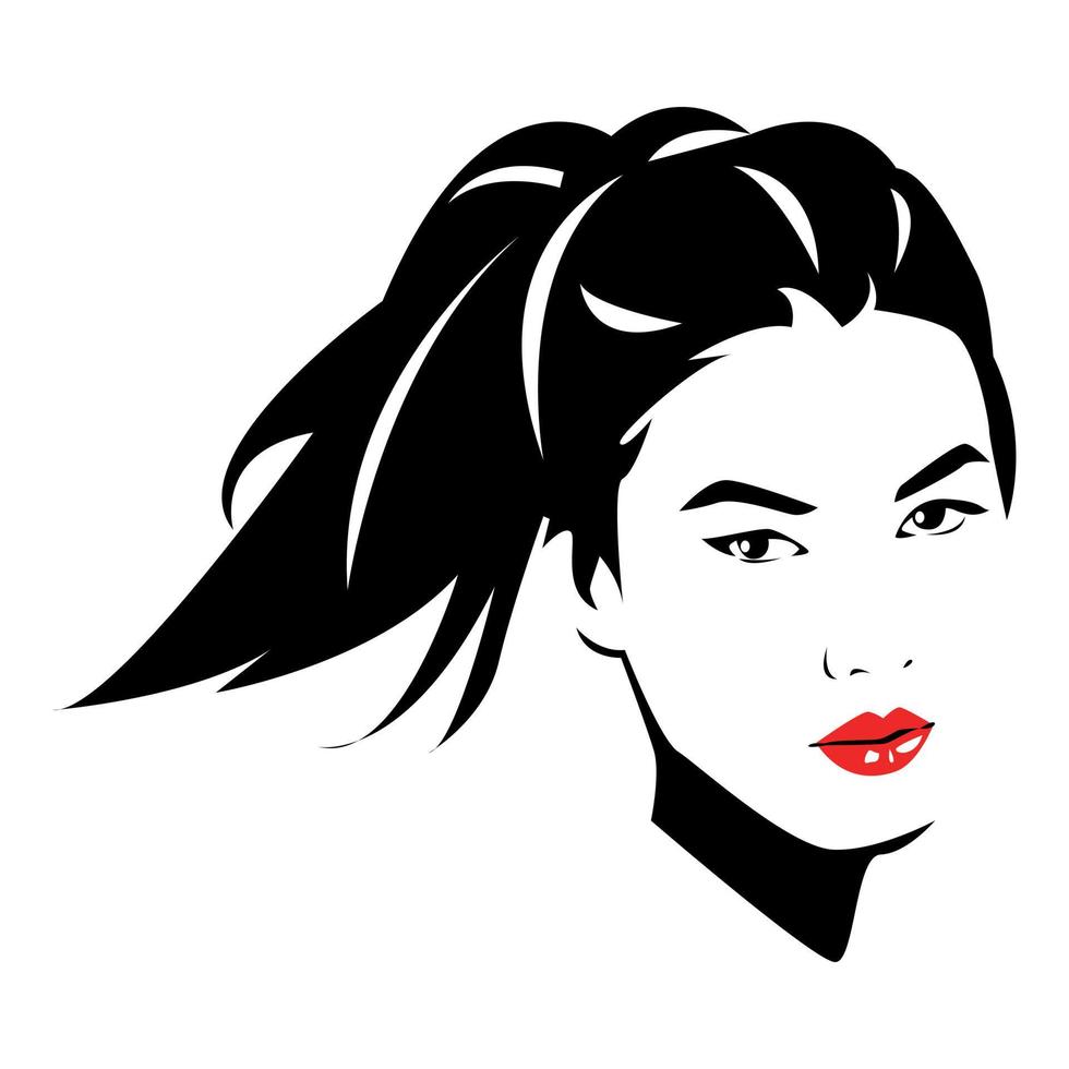 portrait of beautiful woman with ponytail hair. hair in the wind. silhouette vector. isolated white background. vector