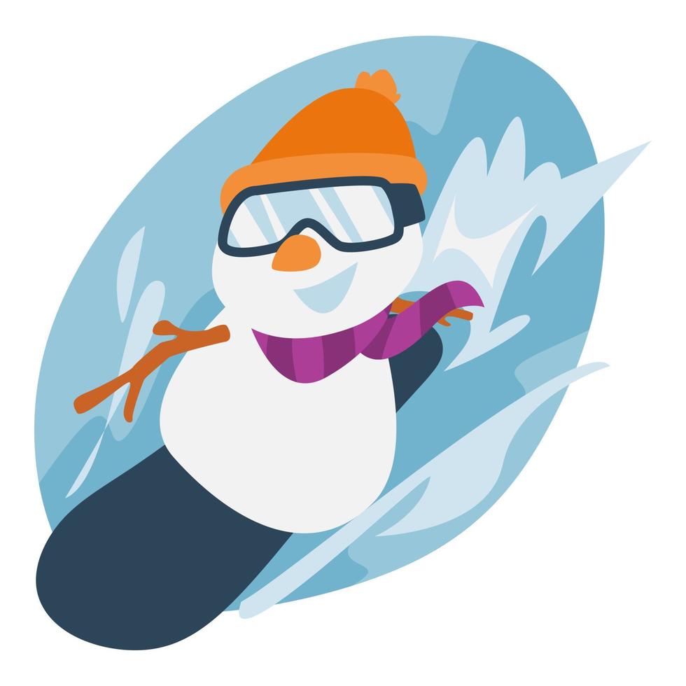 lindo muñeco de nieve jugando snowboard. llevar gafas de esquí, gorro y bufanda. concepto de invierno, navidad. para plantilla, pegatina, impresión, pegatina, etc. ilustración vectorial vector