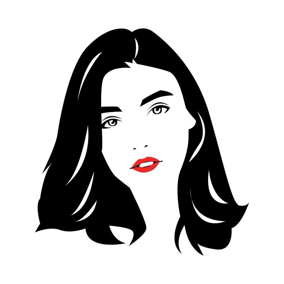 retrato de una mujer hermosa con el pelo largo. labios rojos. mirando al frente gráfico vectorial. fondo blanco aislado. vector