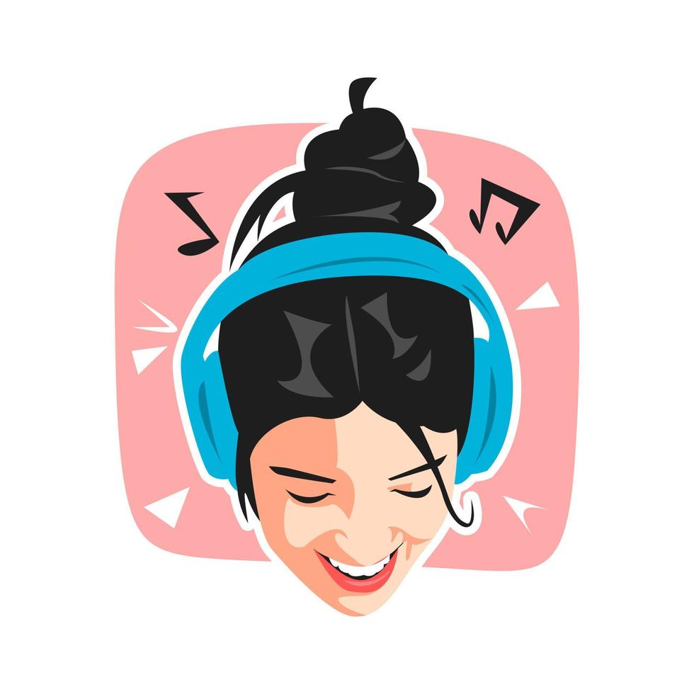 portrait of young girl with short ponytail hair using headphones. smile. concept of music, fashion, technology. suitable for sticker, print, etc. vector graphic.