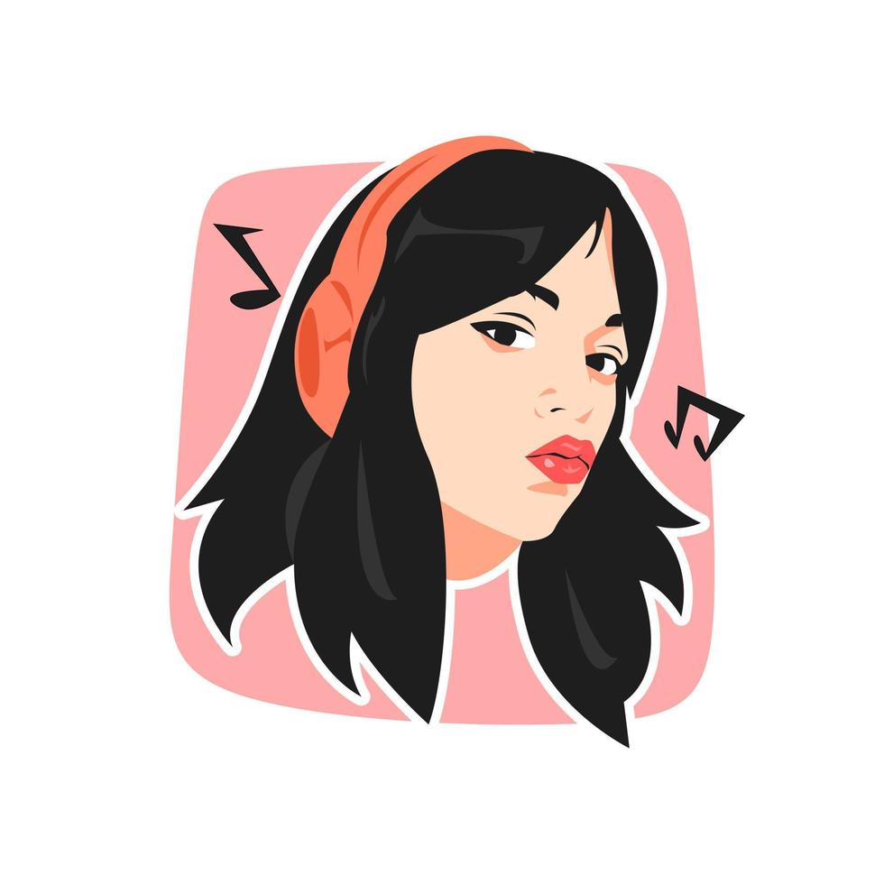 portrait of young girl face using headphones. whistle. concept of music, fashion, hobbies. suitable for sticker, print, etc. vector graphic.