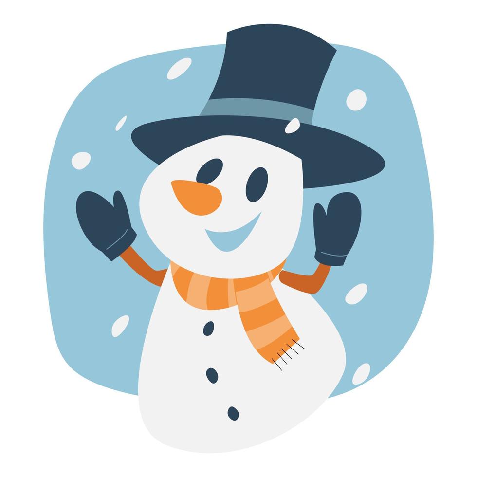 cute snowman in top hat playing snowflakes. gloves, scarf. concept of winter, christmas. for templates, greeting card, stickers, prints, stickers, etc. vector illustration
