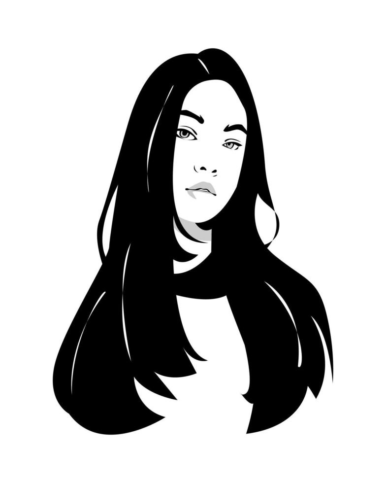 retrato de mujer hermosa con cabello largo. gráfico vectorial de silueta. fondo blanco aislado. vector