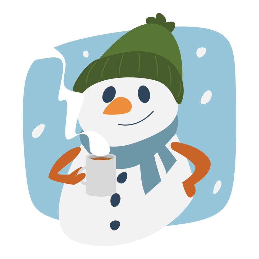 cute snowman holding hot drink. wearing a beanie and scarf. concept of winter, christmas. for template, greeting card, print, sticker, etc. vector illustration