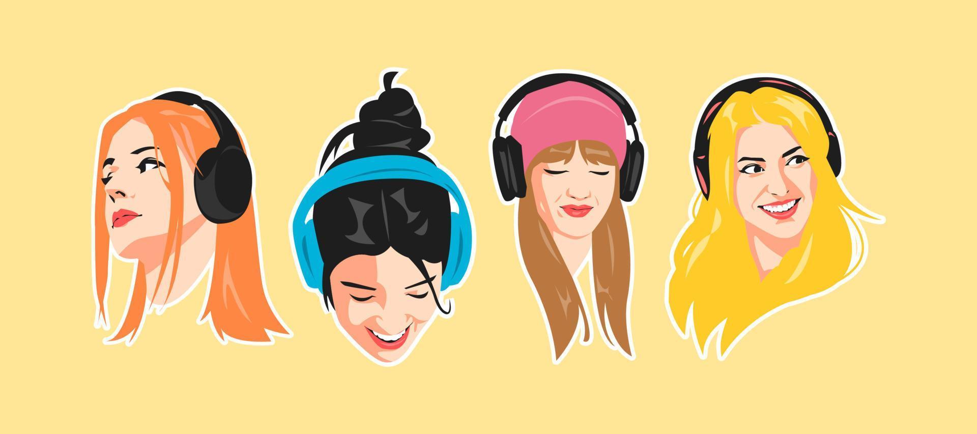 portrait of some young girls wearing headphones. colored. concept of music, hobby, technology. suitable for sticker, print, etc. vector graphic.