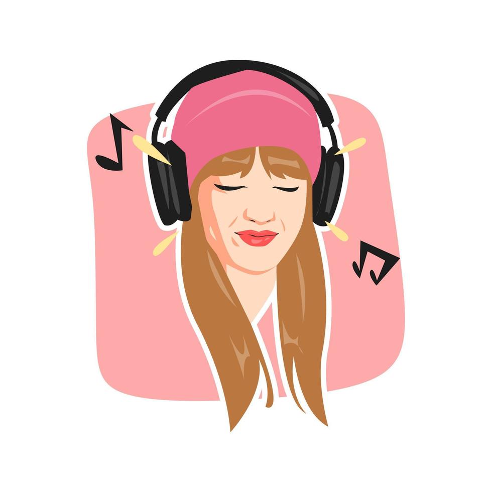 portrait of young girl wearing beanie cap and headphones. happy expression. concept of music, fashion, technology. suitable for sticker, print, etc. vector graphic.