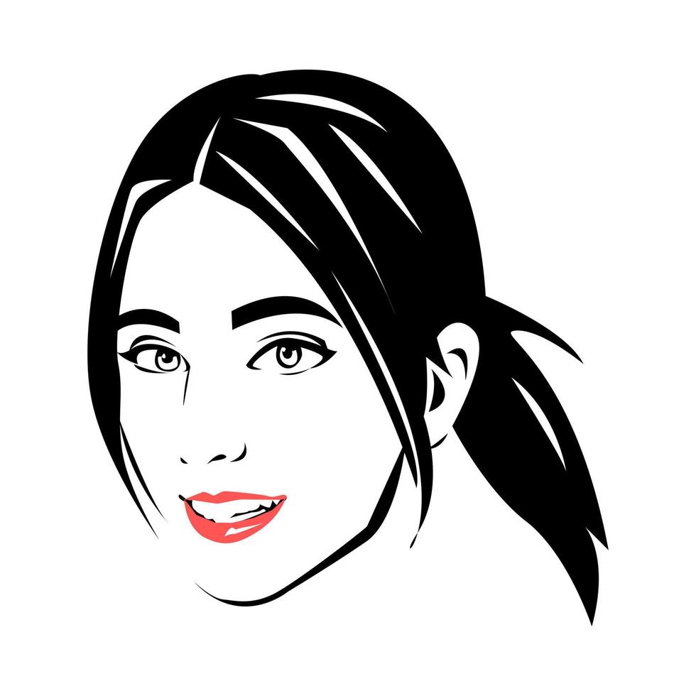 retrato de la cara de una mujer hermosa. peinado de cola de caballo. sonreír. labios rojos. vector de logotipo de silueta. en blanco y negro. fondo blanco aislado.