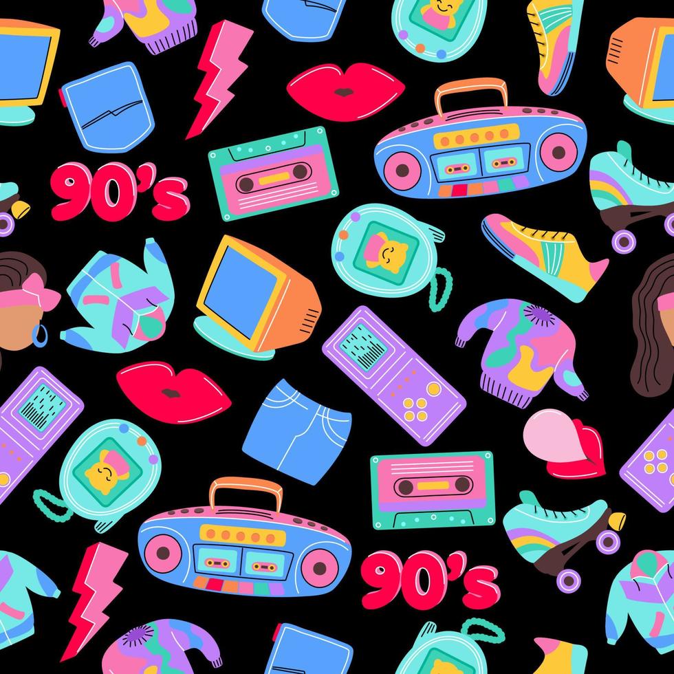 Seamless pattern with trendy patch badges with woman, lips, tape recorder, speech bubbles and other elements on dark background. Vector illustration on theme fashion 90s.