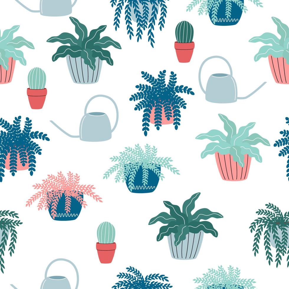 Seamless pattern with decorative home plants in pot. Natural houseplants texture. Beautiful flowers, house decorations vector illustration.