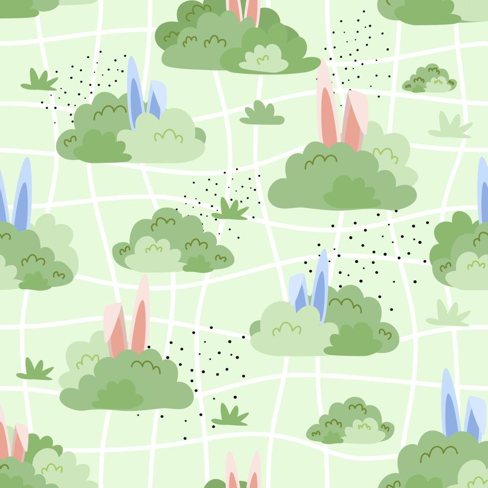 patrón impecable con arbustos y conejitos sobre un fondo verde. fondo de pascua. vector
