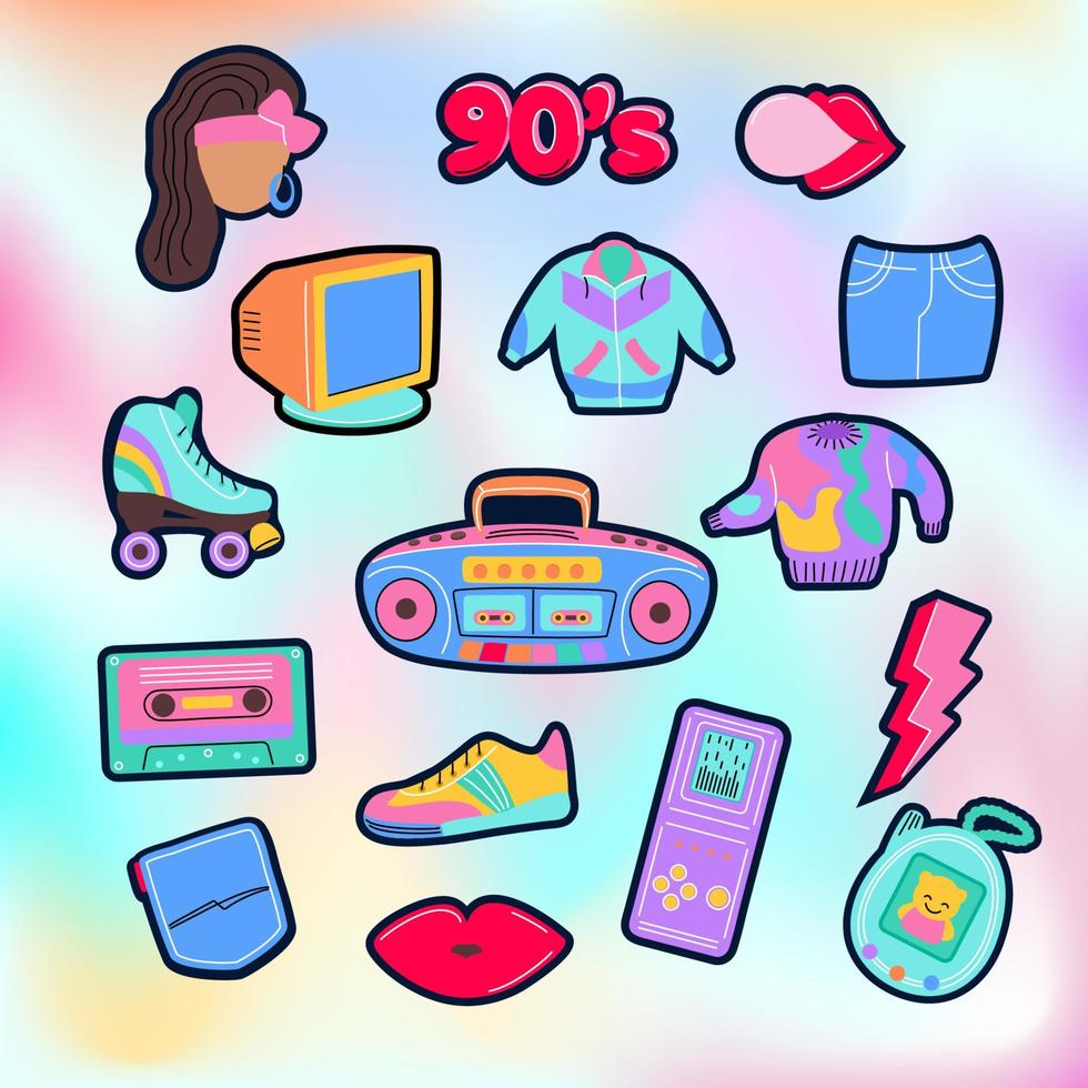 Iconos de moda de los años 90 con labios, zapatillas, grabadora, juguetes, trem de computadora, etc. ilustración vectorial aislada en el fondo de color. vector