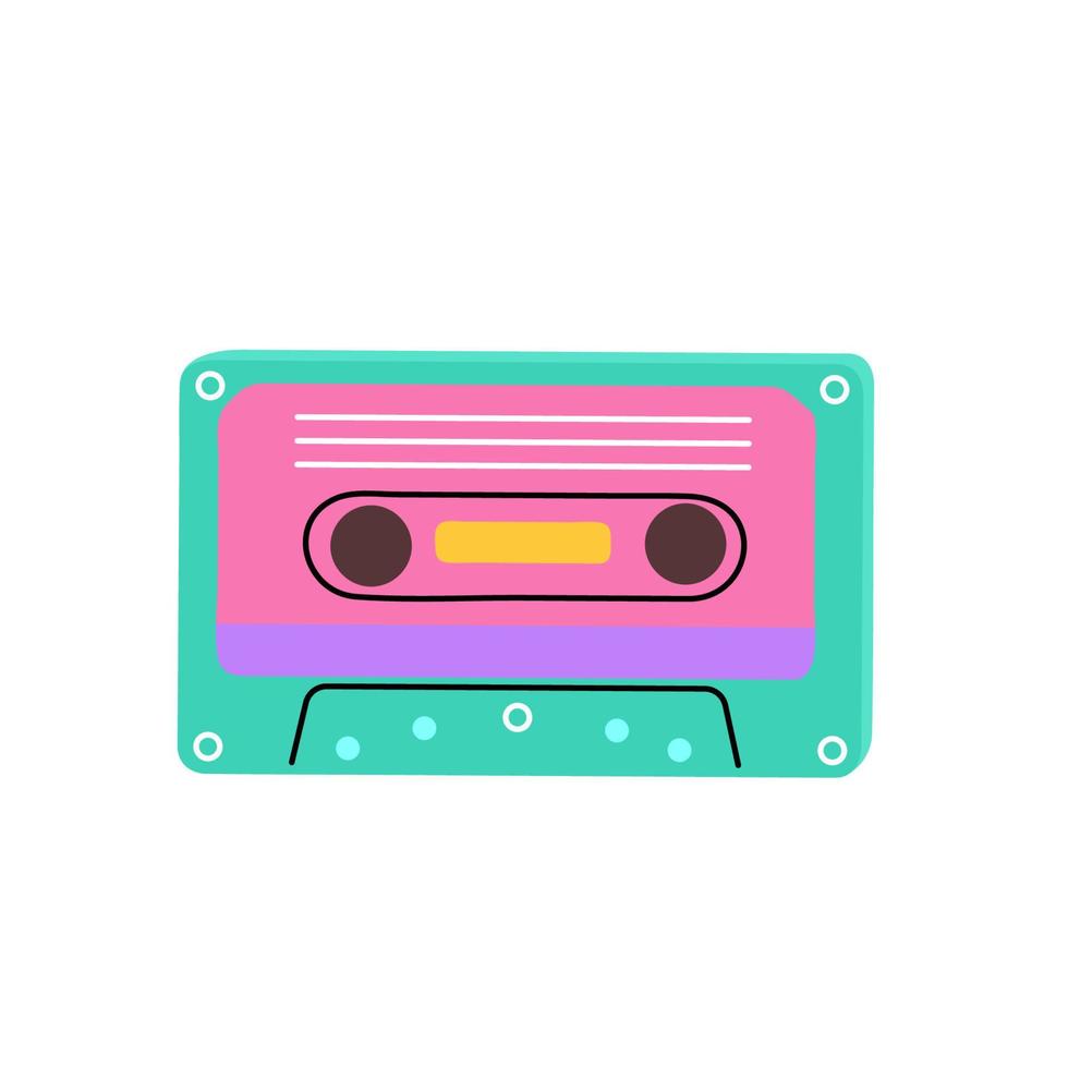 Classic 90s elements in modern style flat, line art style. Vector illustration of cassette. Fashion patch, badge, emblem, logo