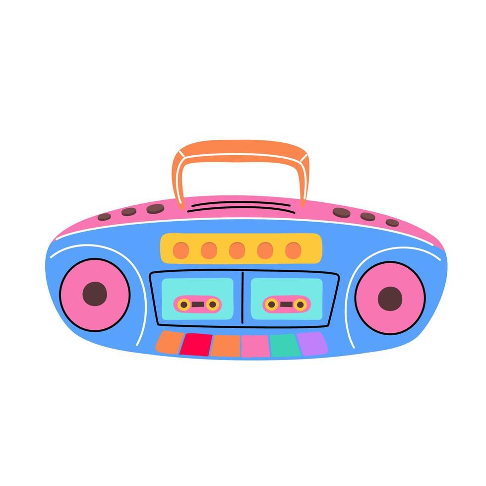 Classic 90s elements in modern style flat, line art style. Vector illustration of record player, audio tape recorder, ghetto boom box. Fashion patch, badge, emblem, logo