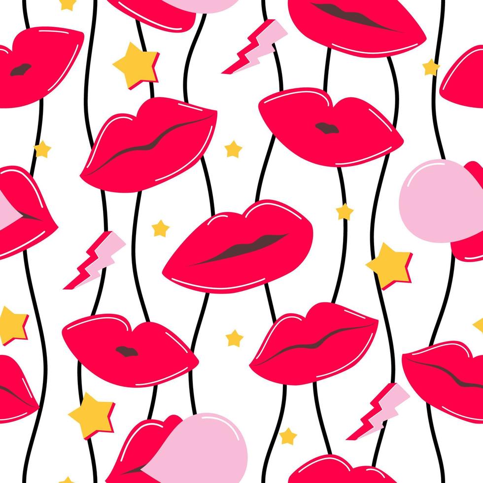 Seamless pattern with lips. Vector illustration on theme fashion 90s.