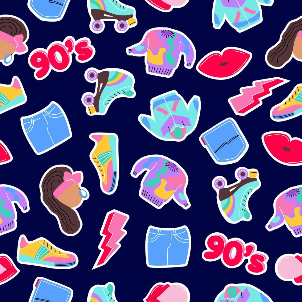 Seamless pattern with patches, stickers, badges, lips, rollers, etc on a dark background. Vector illustration on theme fashion 90s.