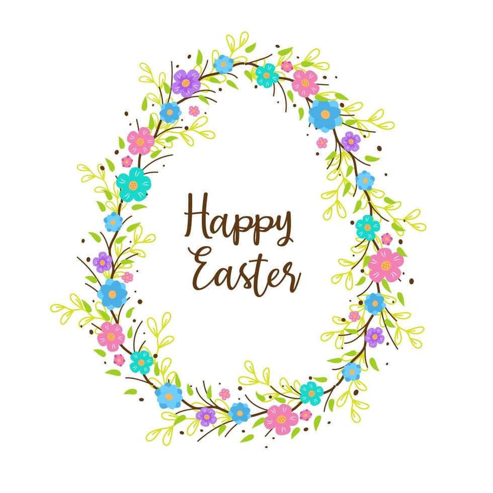 marco decorativo de huevo de Pascua hecho de ramas con flores. feliz concepto de pascua. vector