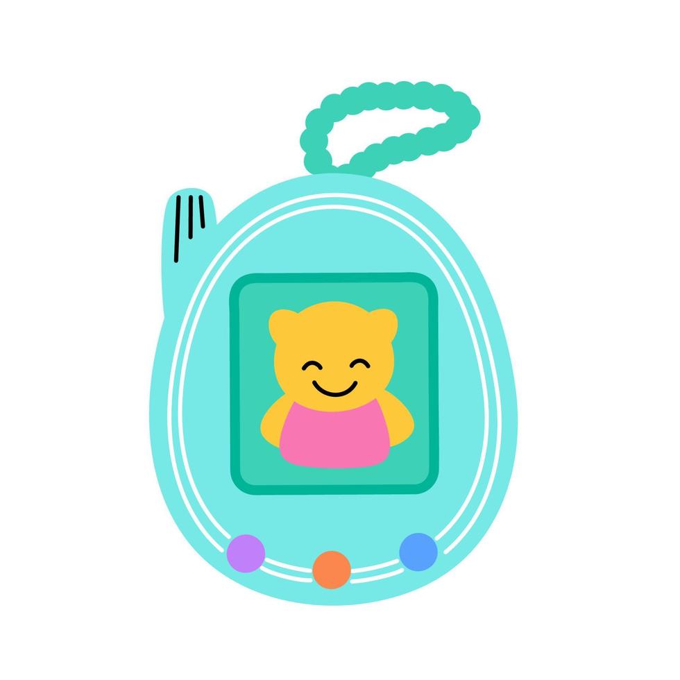 elementos clásicos de los años 90 en estilo moderno plano, estilo de arte lineal. ilustración vectorial de tamagotchi. icono de juego de mascotas de bolsillo digital vintage. parche de moda, placa, emblema, logo vector