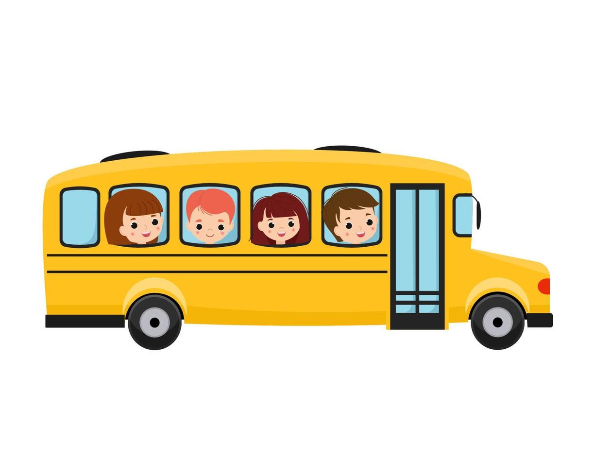 ilustración de niños de escuela montando educación de transporte de autobús escolar amarillo vector