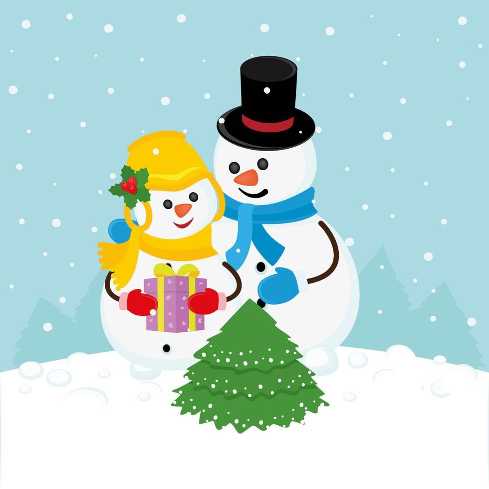 Vector christmas card with pair of snowmen with christmas tree and gifts in snowy landscape