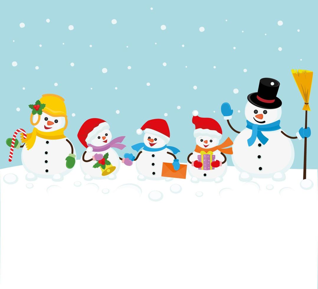Vector christmas card with pair of snowmen with christmas tree and gifts in snowy landscape