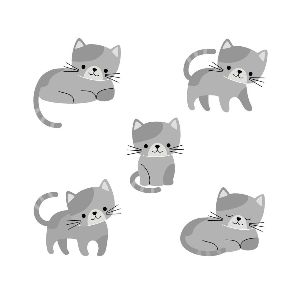 gato de dibujos animados con diferentes poses y emociones. Ilustración de vector lindo aislado sobre fondo blanco.