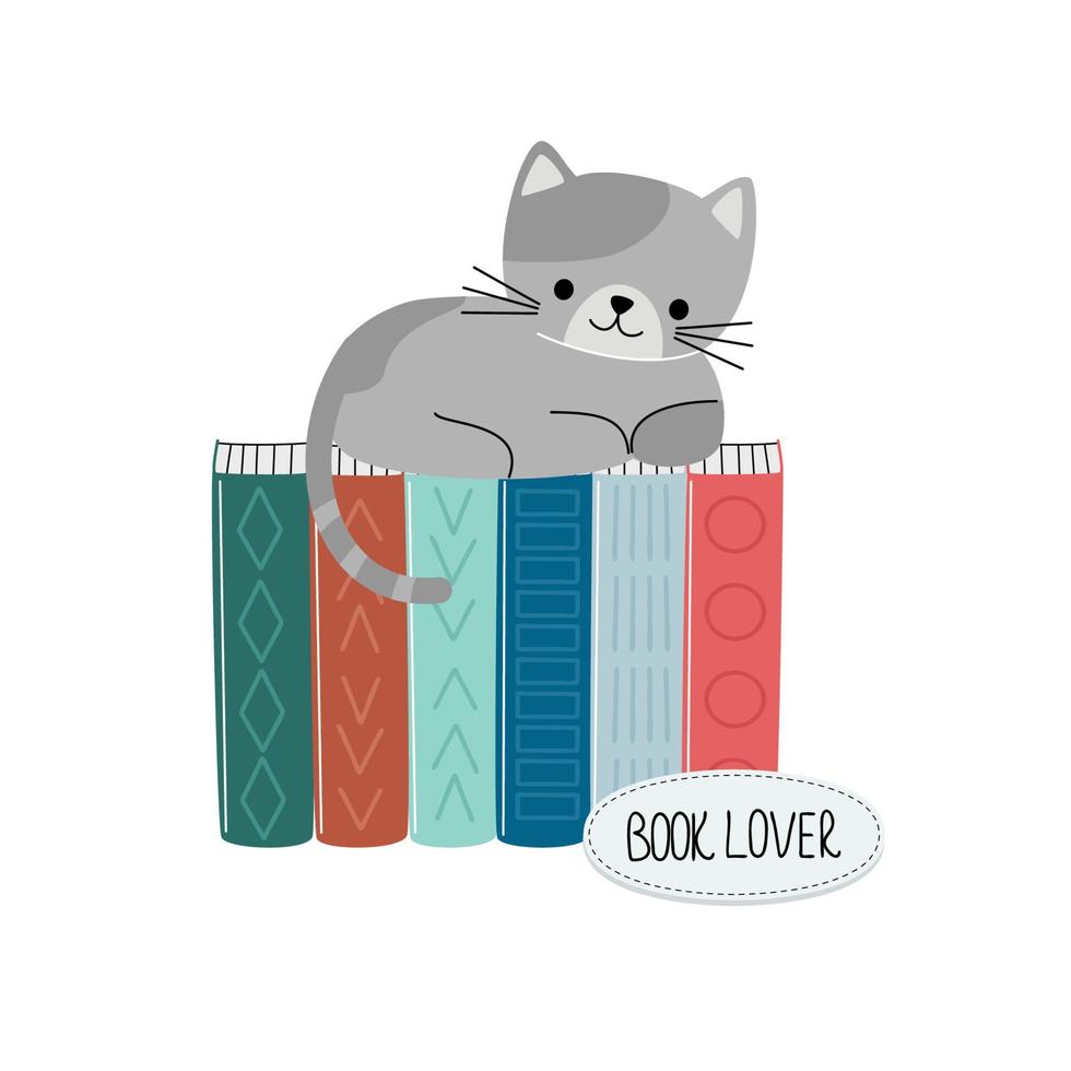 Reading lovers. Stack of books and cute cat. Books stickers. Decorative vector design elements. The concept of Read books.