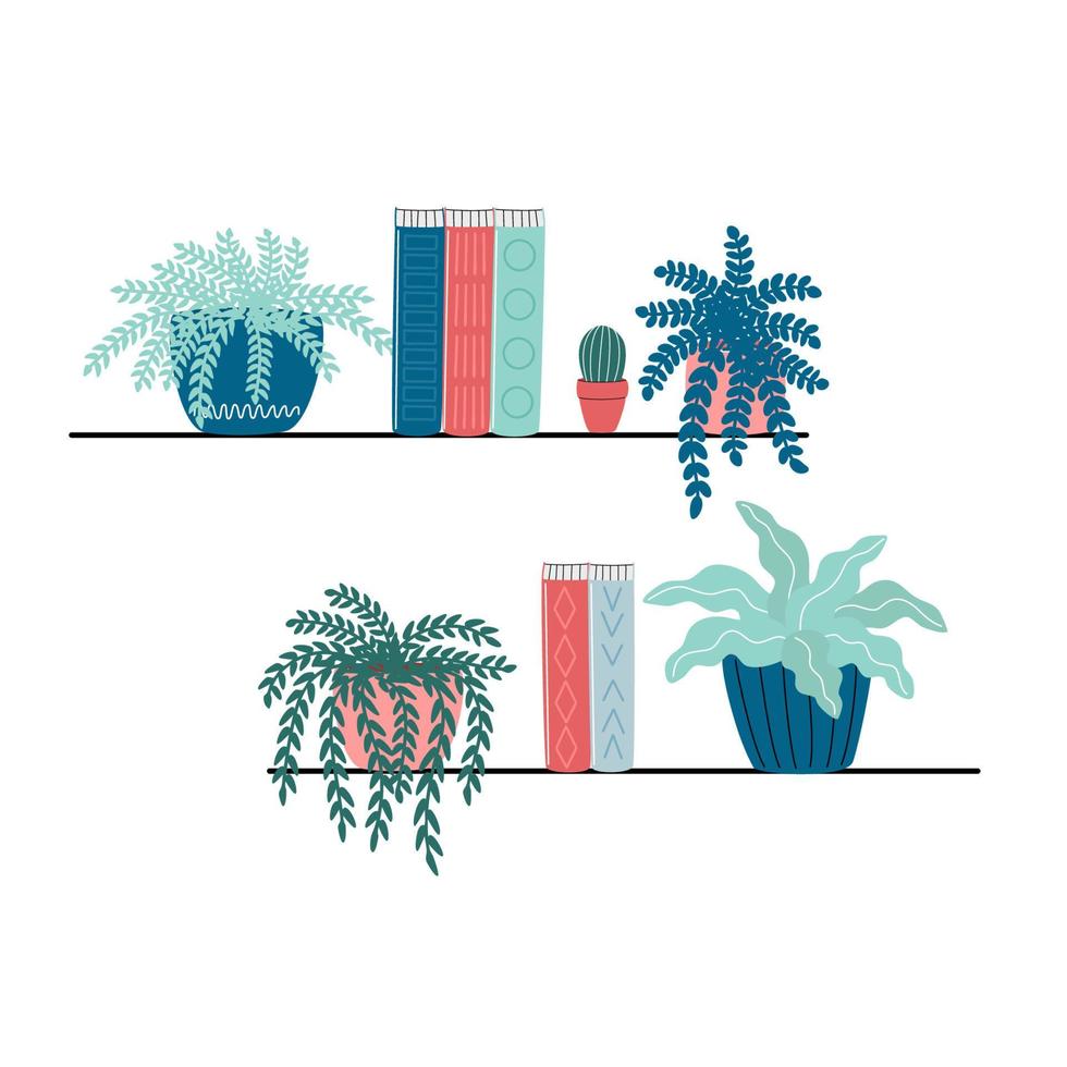 Collection of books. Library. Bookcase, bookshelf, book storage, flowers. Vector cartoon flat illustration.