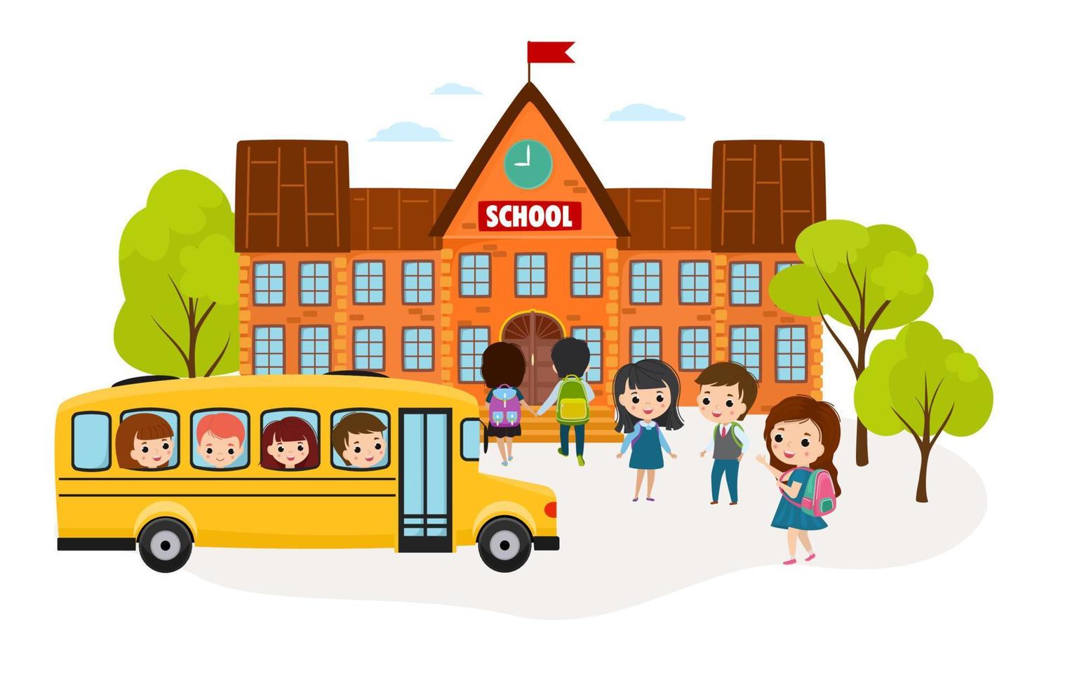 grupo de niños caminando frente al edificio de la escuela. niño yendo al autobús escolar amarillo. alumno en uniforme. ilustración vectorial aislada en estilo de dibujos animados vector