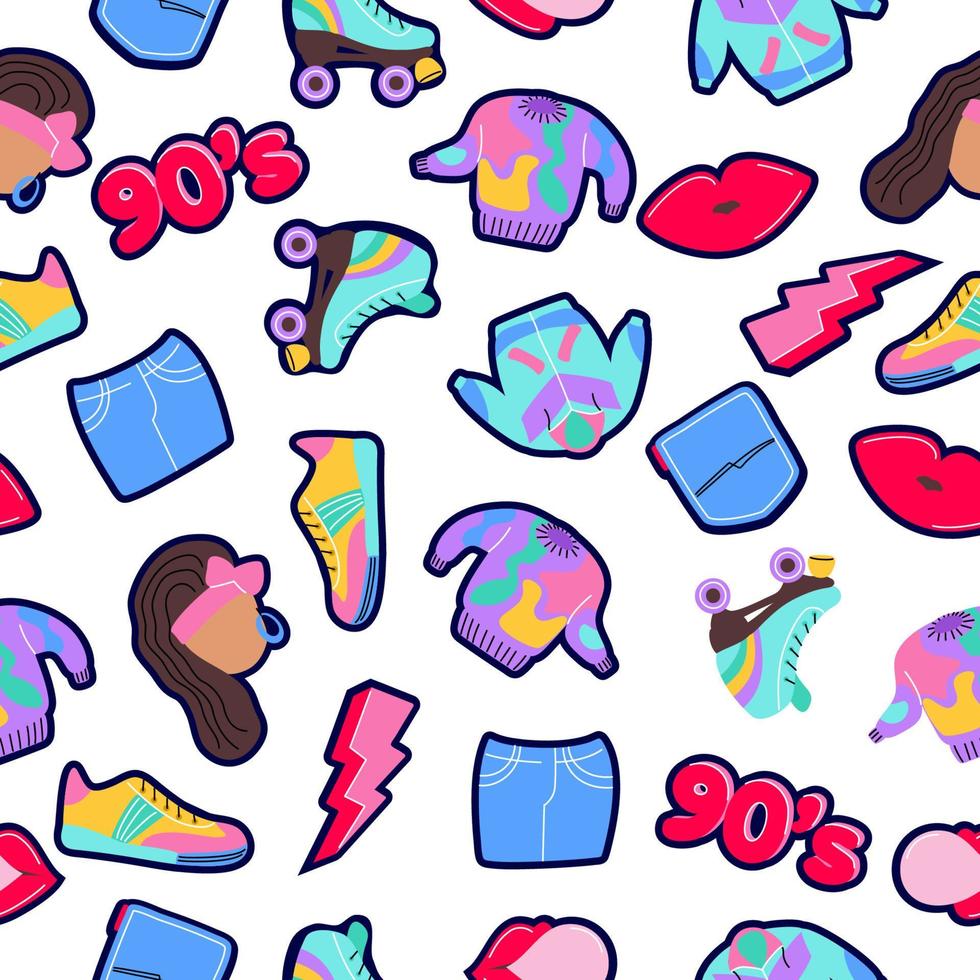 Seamless pattern with patches, stickers, badges, lips, rollers, etc on a white background. Vector illustration on theme fashion 90s.
