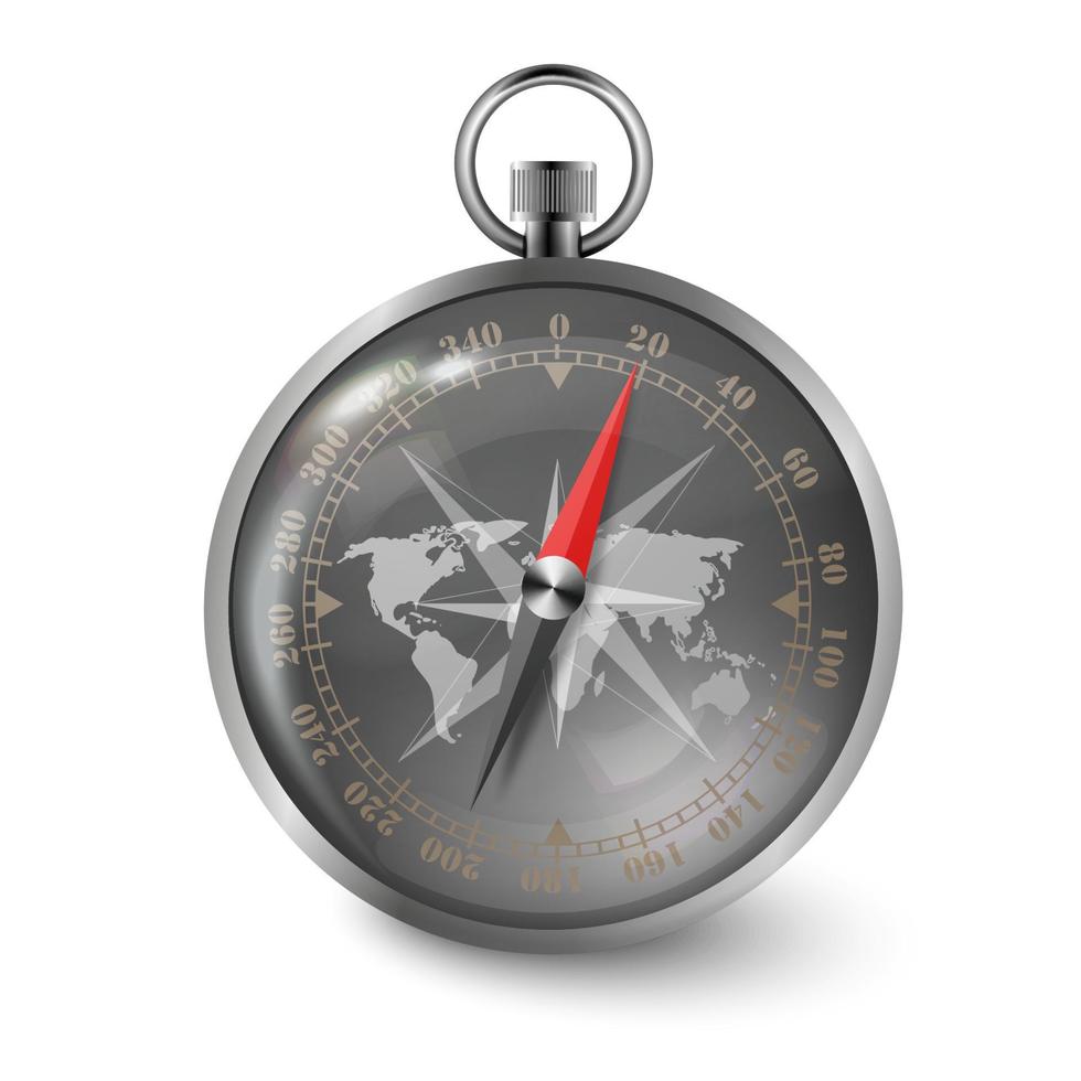 Vector realistic, 3D compass with a magnetic needle on the background of a dial with a map of the earth