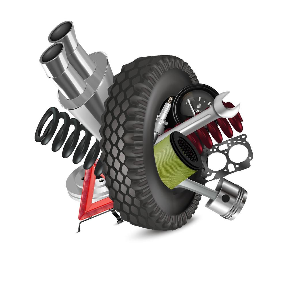 Vector realistic, 3D car tire with auto parts isolated on white background.