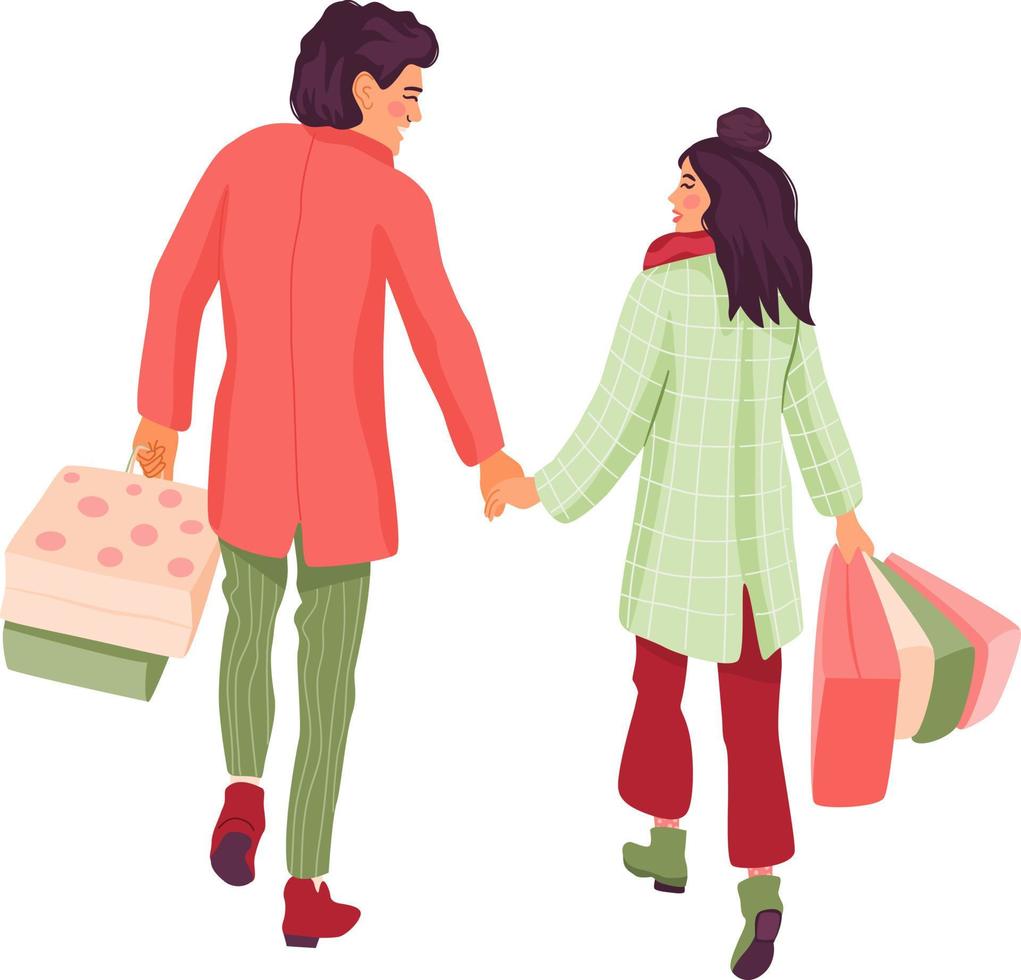 Romantic couple walking together holding hands and carrying shopping bags. Holiday shopping concept. Cute colourful characters isolated on white background. vector