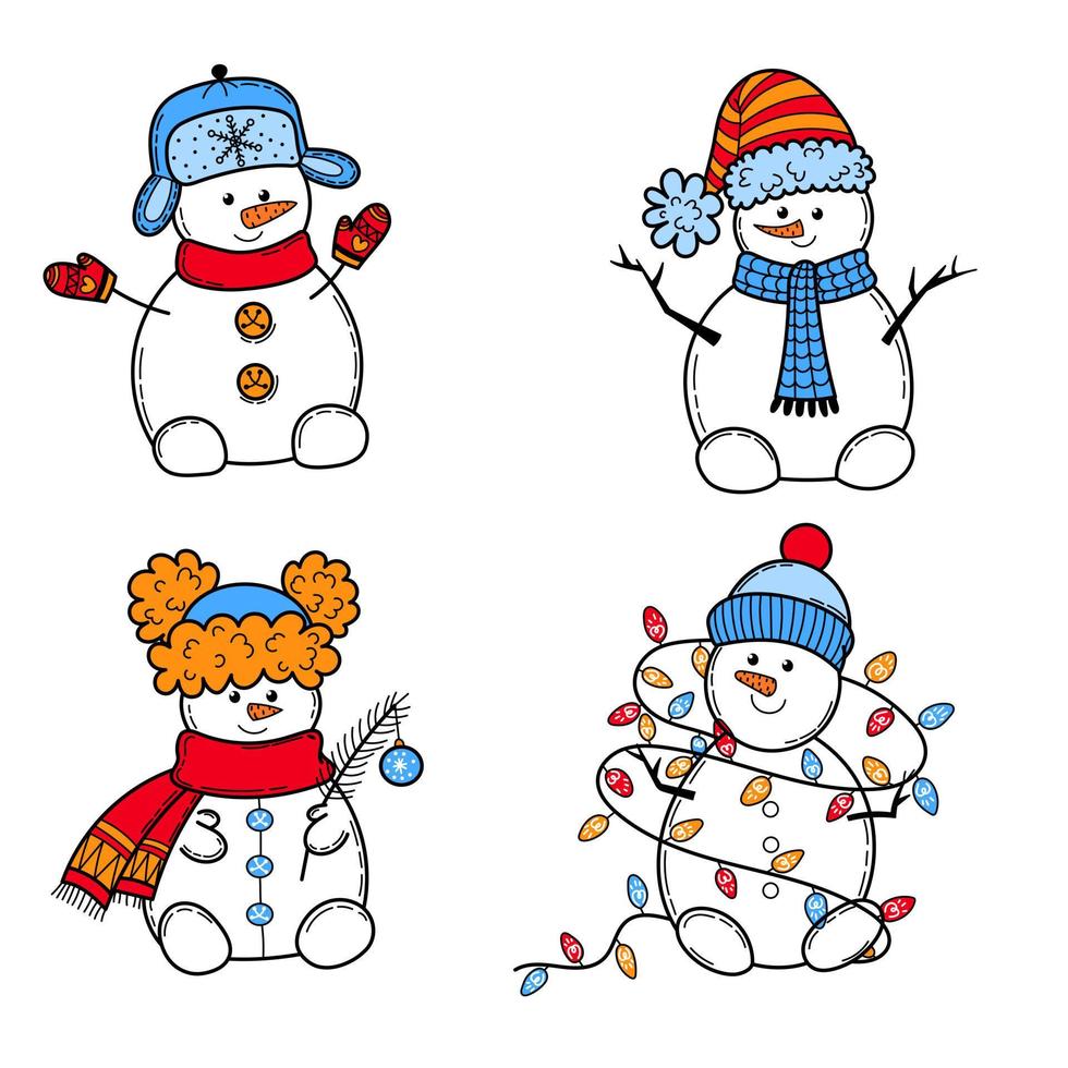 conjunto de imágenes vectoriales coloridas de cuatro muñecos de nieve con diferentes atuendos vector