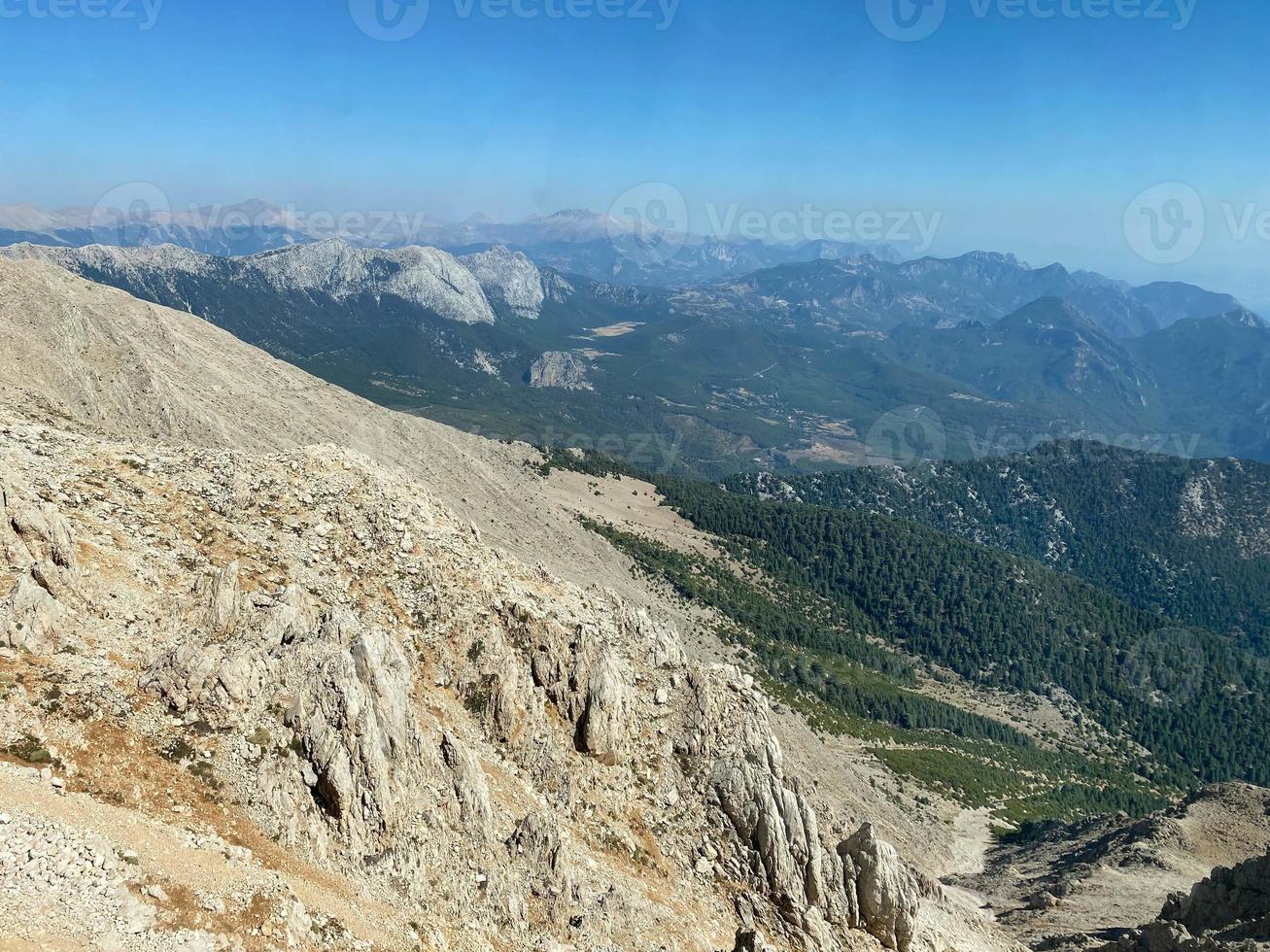 Mountains in clouds at sunrise in summer. Aerial view of mountain peak with green trees in fog. Beautiful landscape with high rocks, forest, sky. Top view from drone of mountain valley in low clouds photo