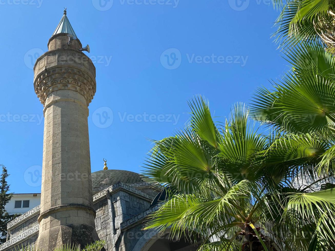 Perspective view with a view from below of a large and luxurious house in Arabic style, with large windows, and with palm trees in the background with the blue cloudy sky photo