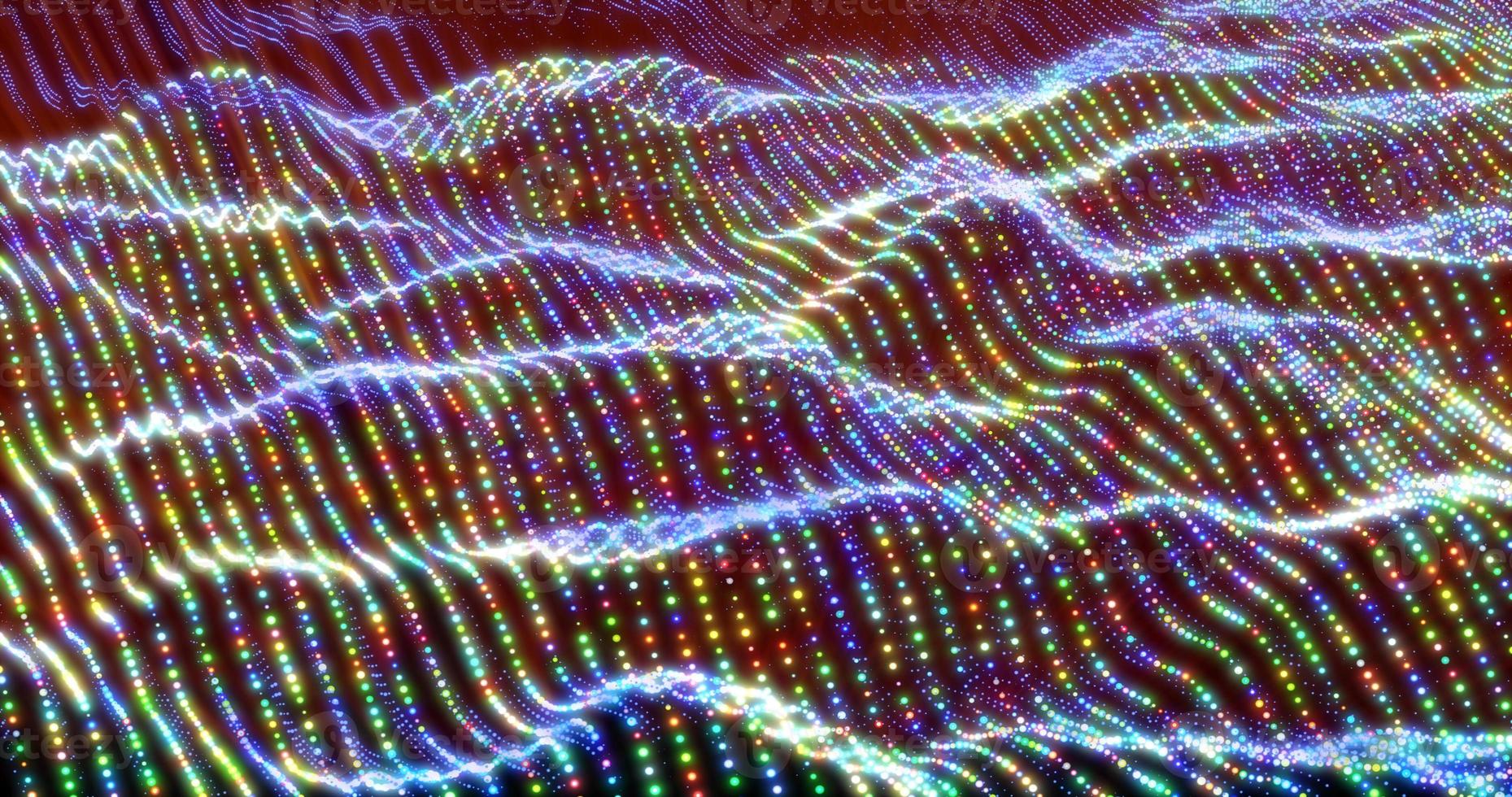 Abstract bright glowing multicolored rainbow waves and lines from particles and dots in the form of a field with a blur effect. Abstract background photo