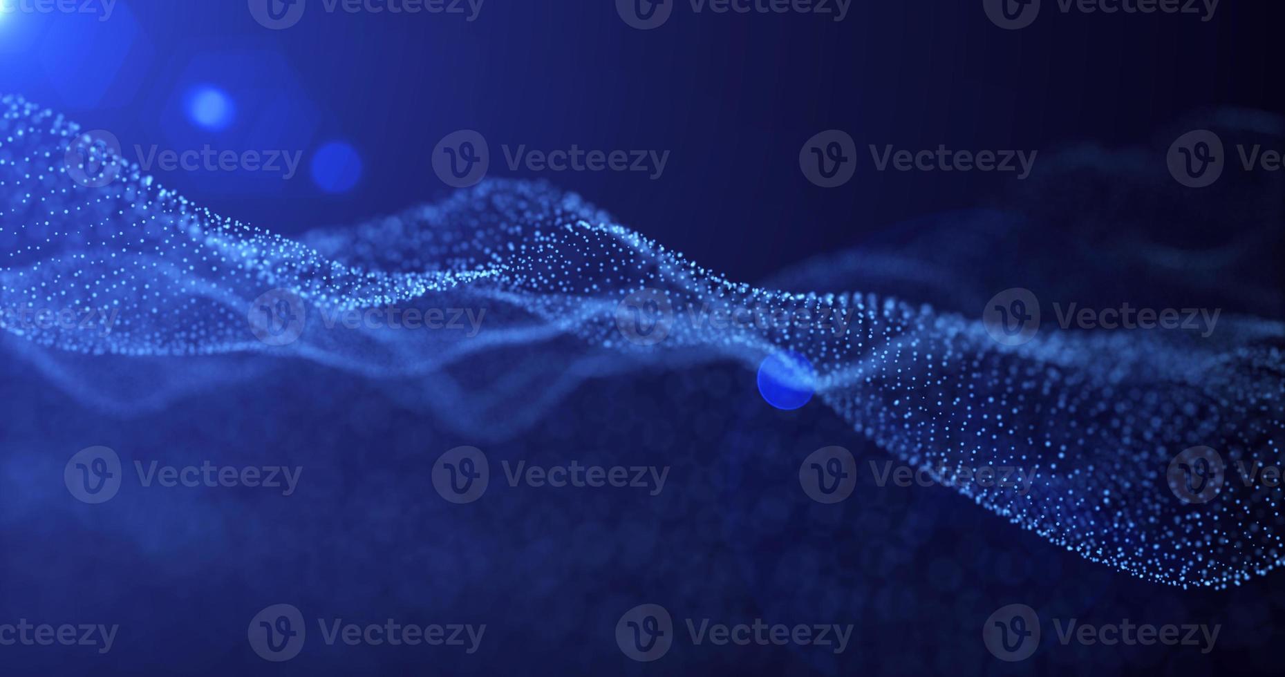 Futuristic abstract blue glowing wave lines from dots and particles of shining pixels magical energy glowing neon in sunbeams. Abstract background. Screensaver photo