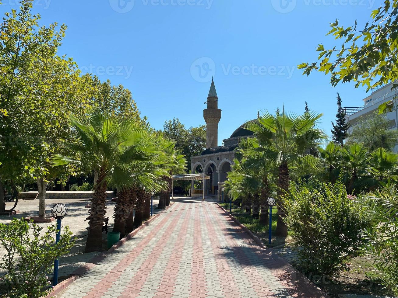 View of a beautiful ancient mosque in the Arabian style, a temple for prayers of Muslims in a tropical warm country with palm trees photo