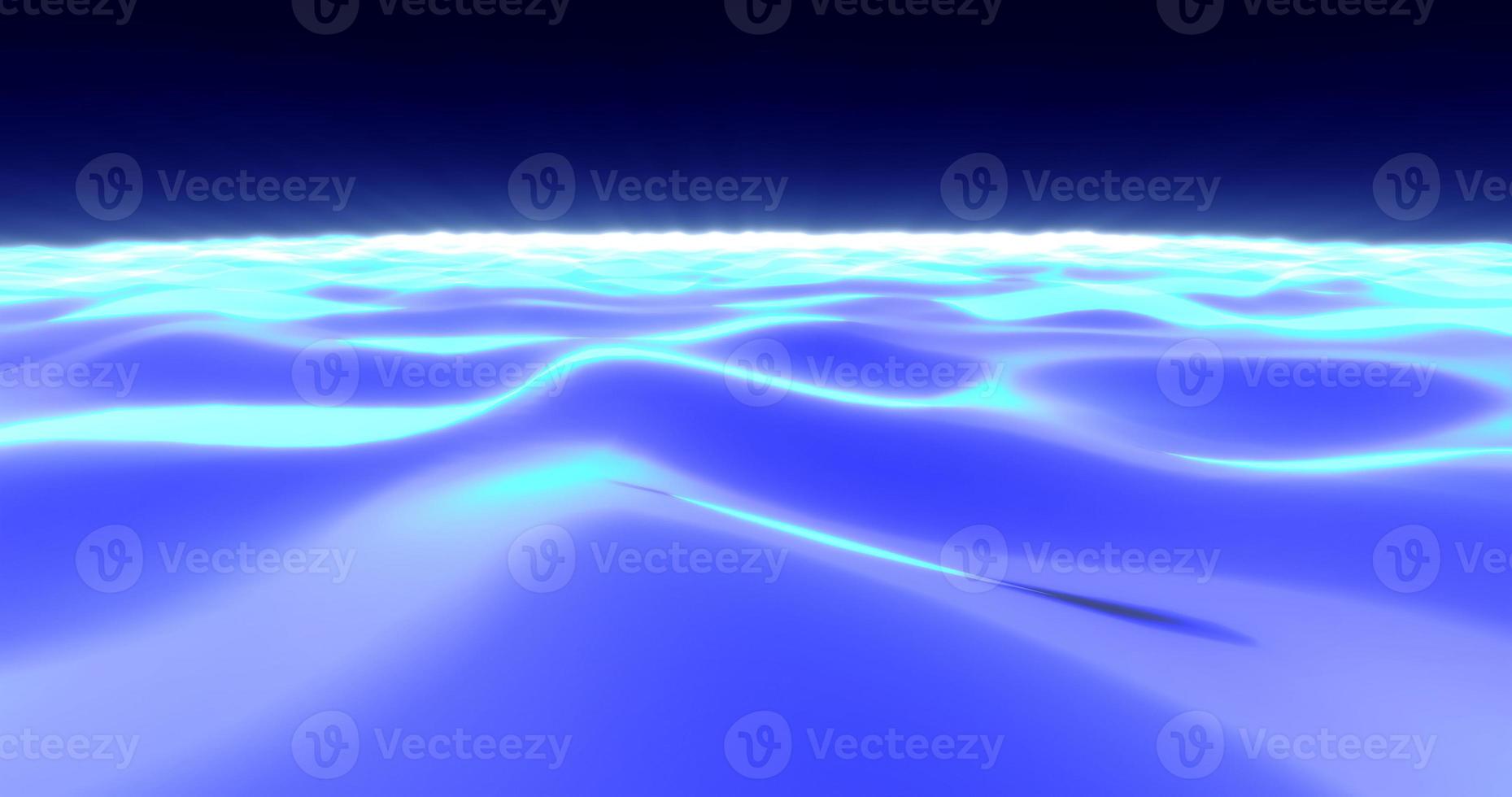 Abstract background of blue hills and waves of shiny digital hi-tech road with glowing sun rays photo