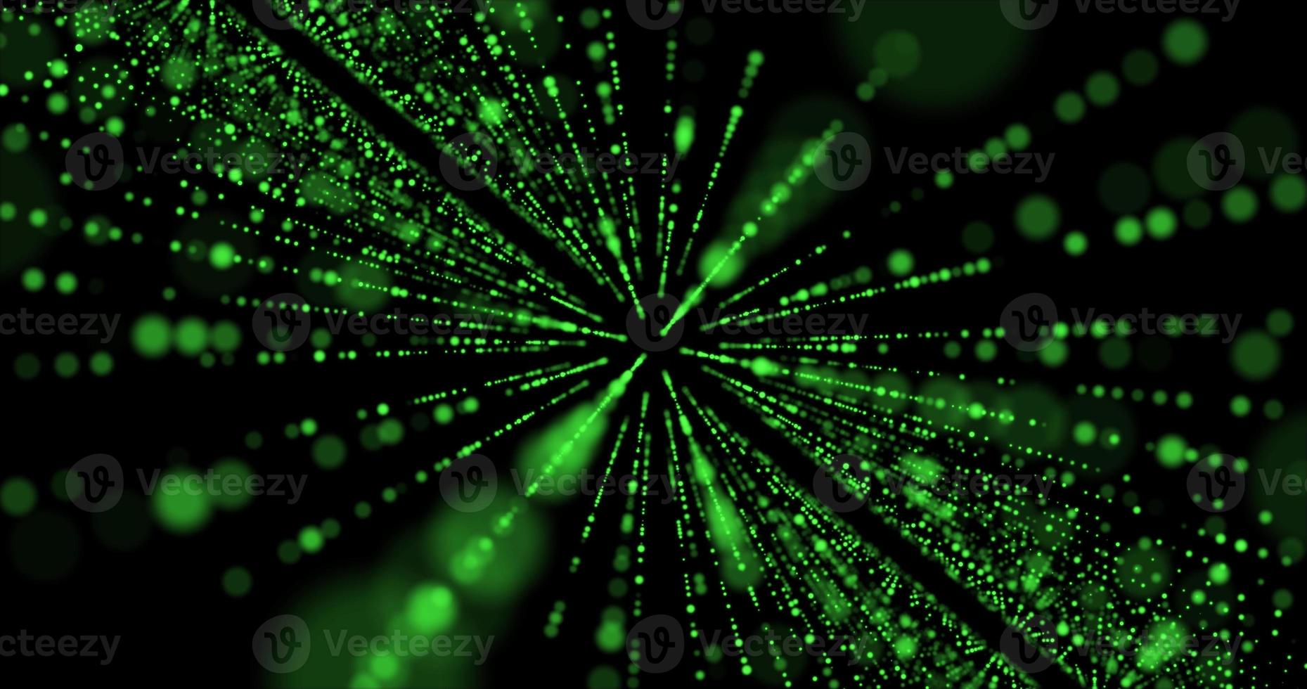 hermosas líneas láser verdes brillantes de puntos y partículas con efecto de arco iris borroso espacio de fondo diseño abstracto oscuro foto