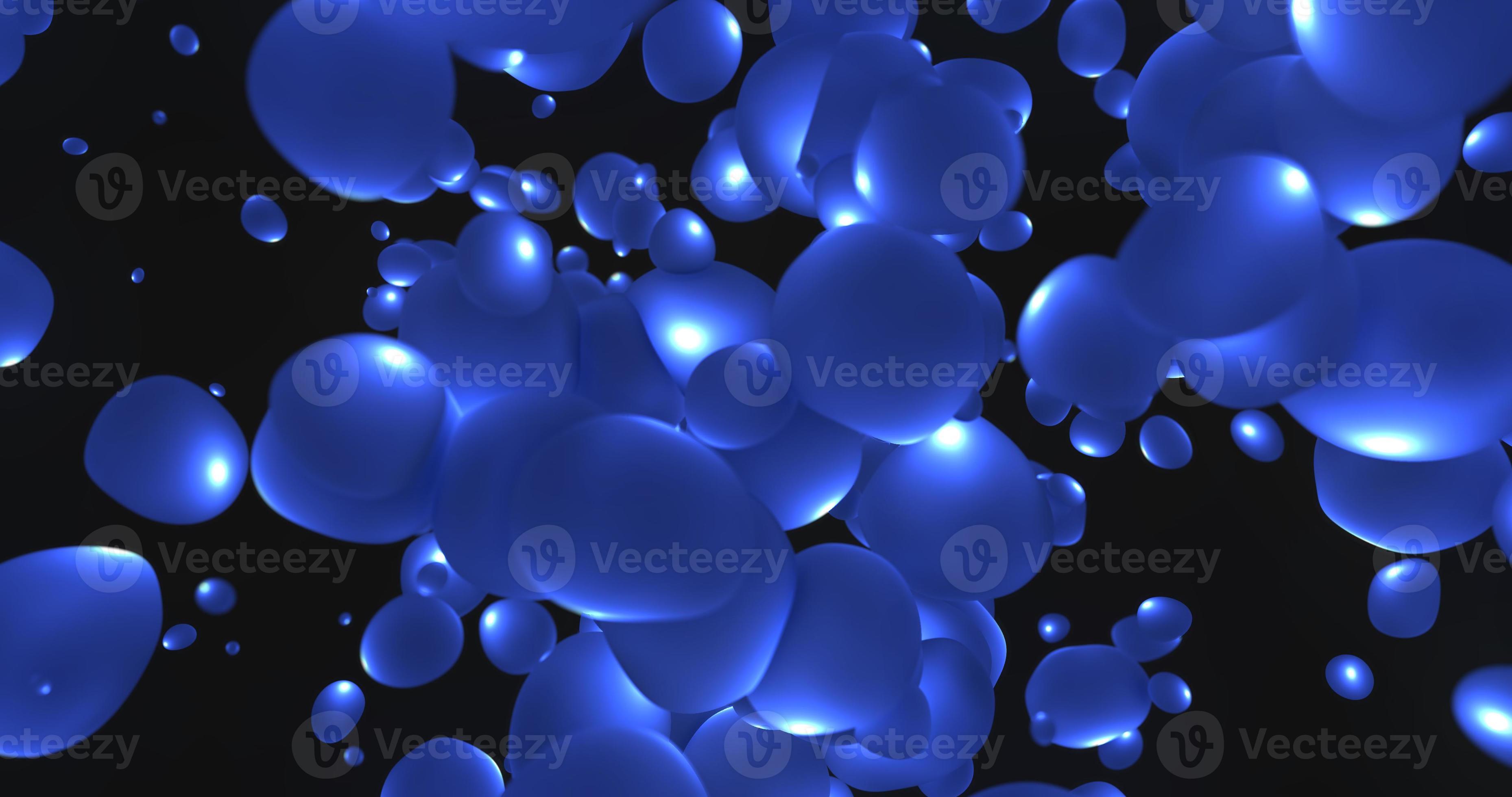 Abstract background with bright blue flying liquid bubbles glowing