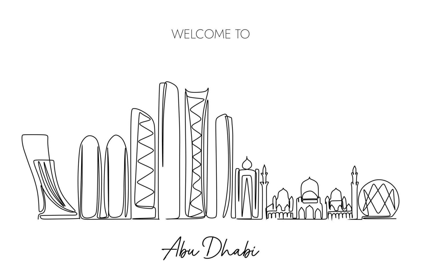 one continuous line drawing of Abu Dhabi city skyline. World Famous tourism destination. Simple hand drawn style design for travel and tourism promotion campaign vector