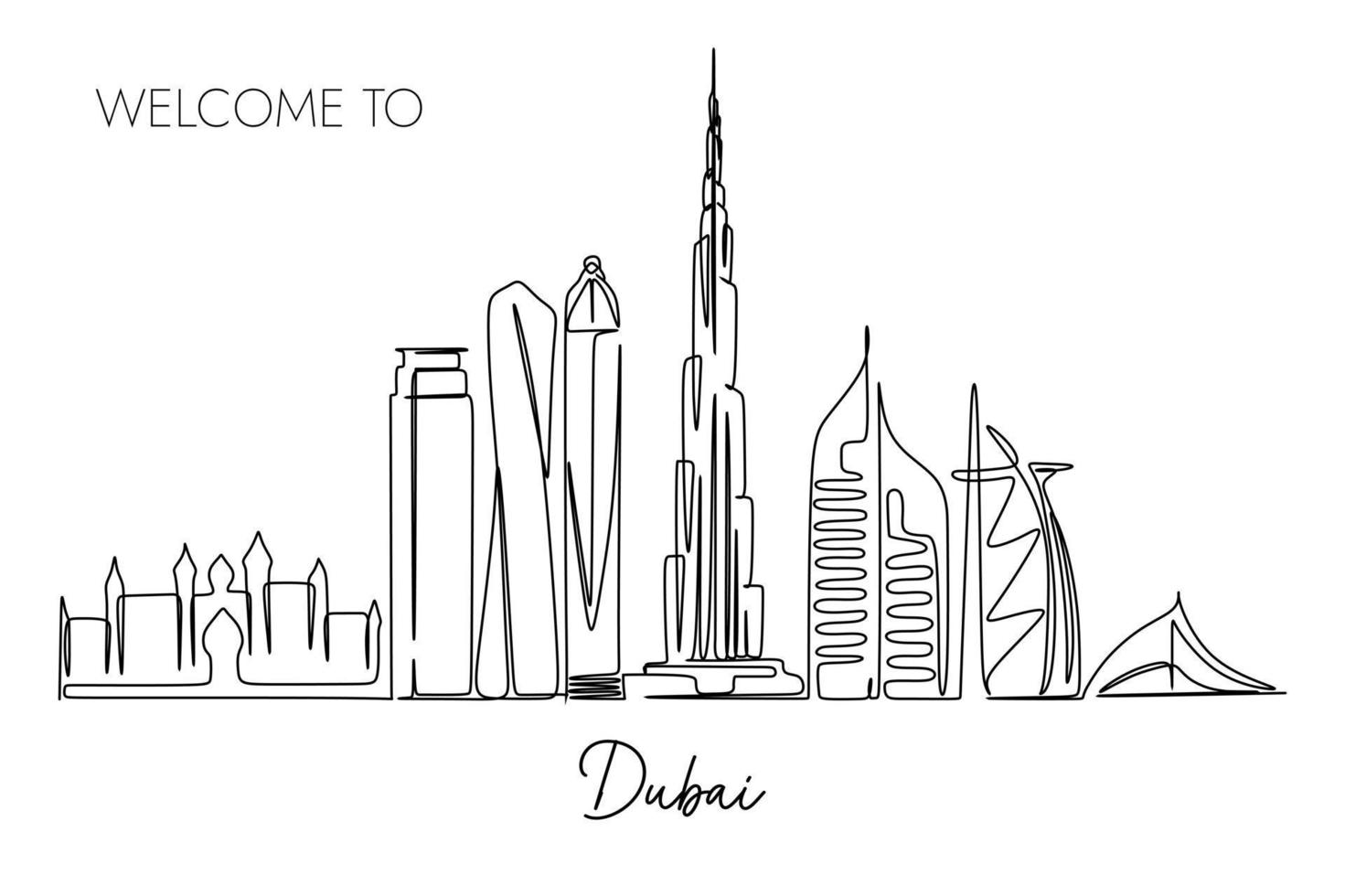 one continuous line drawing of Dubai city skyline. World Famous tourism