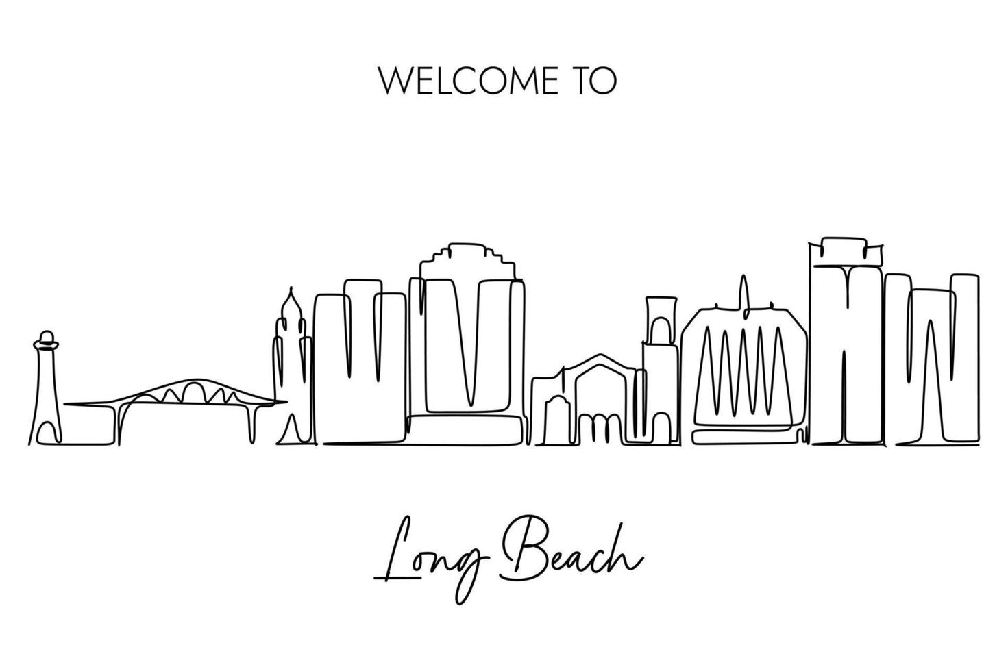 One continuous line drawing of Long Beach City Skyline. Simple line art hand drawn style design vector illustration for tourism campaign concept