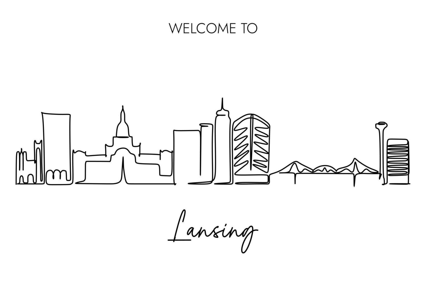 dibujo continuo de una línea del horizonte de lansing con la bienvenida a la redacción de textos publicitarios de lansing. diseño de estilo de dibujo a mano para el concepto de turismo de la ciudad capital de michigan, estados unidos de américa. vector