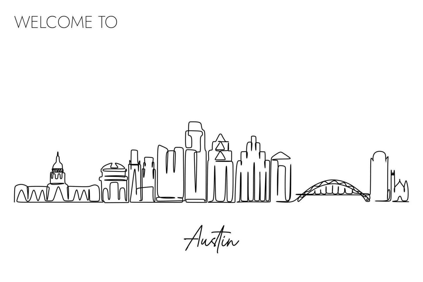 one continuous line drawing of Austin city skyline. Famous tourism destination in USA. Simple hand drawn style design for travel and tourism promotion campaign vector