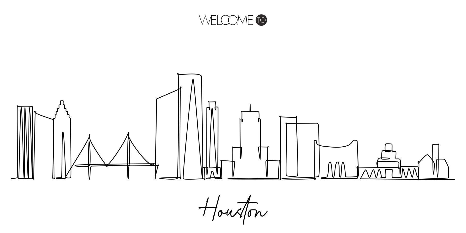 One continuous line drawing of Houston skyline with Welcome to Houston copy. Famous tourism destination in USA. Simple hand drawn style design for travel and tourism promotion campaign vector