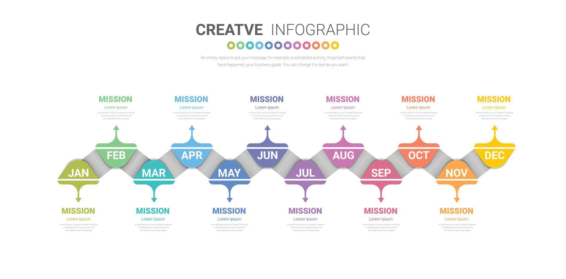 presentación de línea de tiempo para 12 meses, 1 año, diseño de infografías de línea de tiempo vector