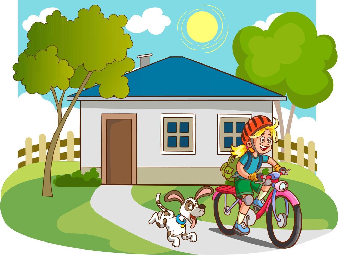 lindo niño montando bicicleta al vector de dibujos animados de la escuela
