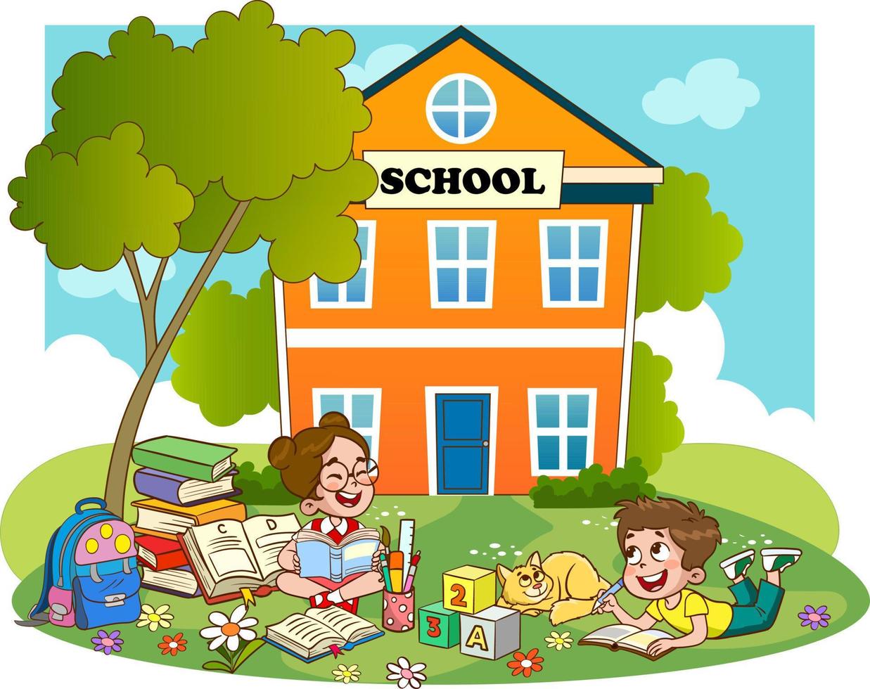 kids discussing homework and reading books together.Vector Illustration of Child Education vector